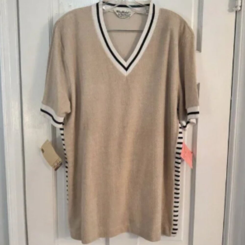 Vtg Wimbledon Shirt French Terry Tan White Black Striped Tennis Men’s Size L Top